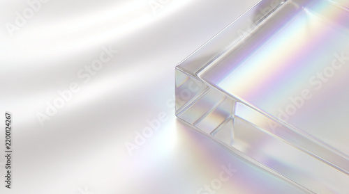 Transparent Beveled Rectangular Slab with Pastel Rainbow Light on Pale Background