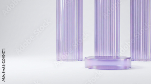 Translucent Lavender Podium with Three Tall Ribbed Columns on Pale Background