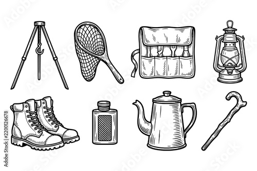 Hand drawn vintage camping and hiking equipment collection illustrations for outdoor adventure