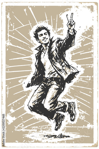 A dynamic ink-style illustration of a young man leaping with a victory peace sign, conveying joy, energy, freedom and celebration through gritty splash textures1