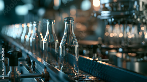 Glass bottles moving along a modern industrial conveyor belt in a beverage manufacturing plant with bright lights and metal machinery equipment for commercial production and supply chain industry use