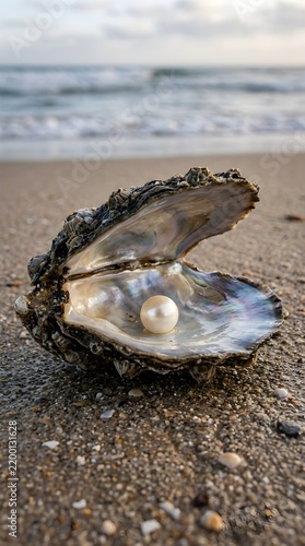 An opened oyster shell lies on the beach sand displaying a beautiful lustrous pearl with several smaller pearls nestled within its interior