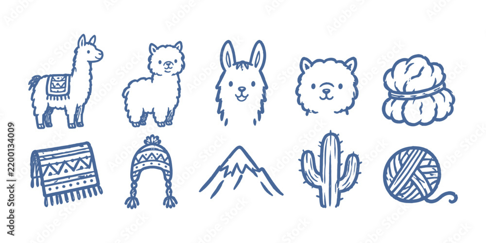 Obraz premium Cute llama alpaca and andean accessories doodle set Vector Illustration 