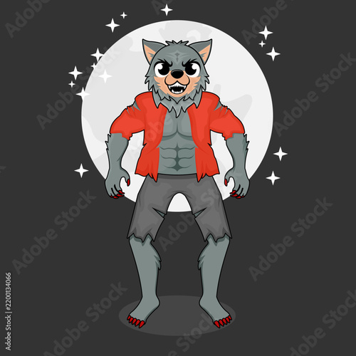 Cartoon Werewolf Vector Illustration with Full Moon and Stars