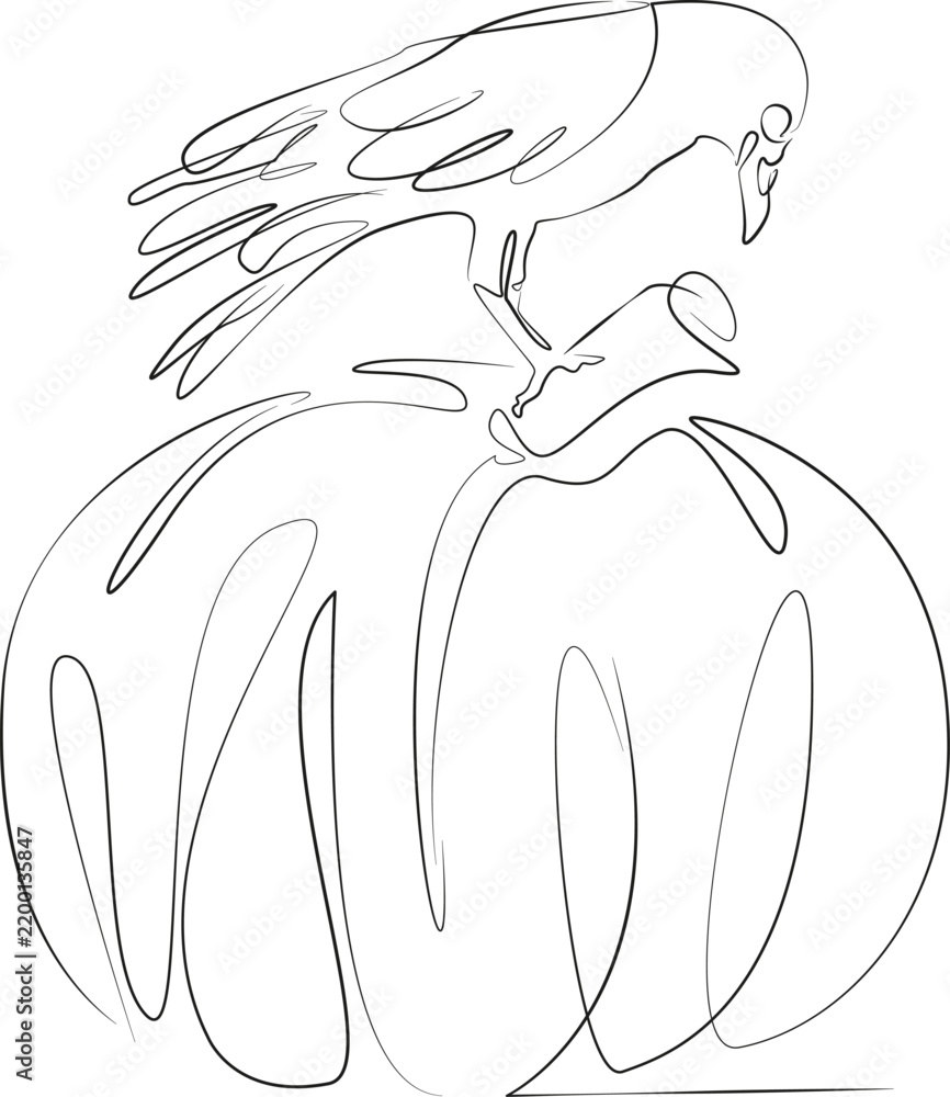 Obraz premium One continuous line drawing on white isolated background. Minimalism linear illustration. halloween, pumpkin, autumn, skittish, graphic, raven, illustration, bird, black, decoration