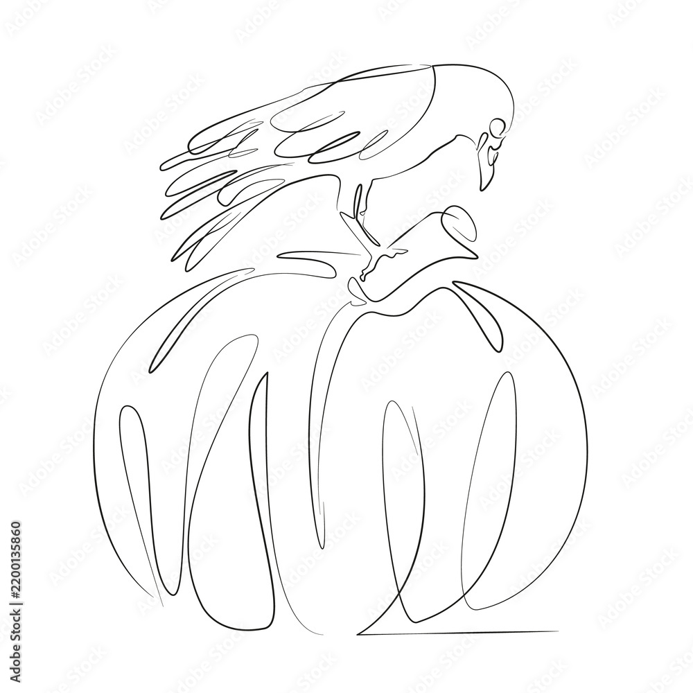 Obraz premium One continuous line drawing on white isolated background. Minimalism linear illustration. halloween, pumpkin, autumn, skittish, graphic, raven, illustration, bird, black, decoration