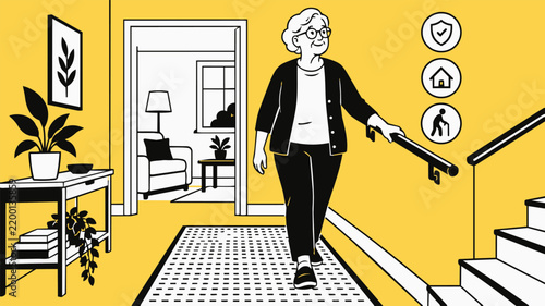 Illustration of an older woman walking safely at home with a handrail, representing healthy ageing, independence, and accessible living.