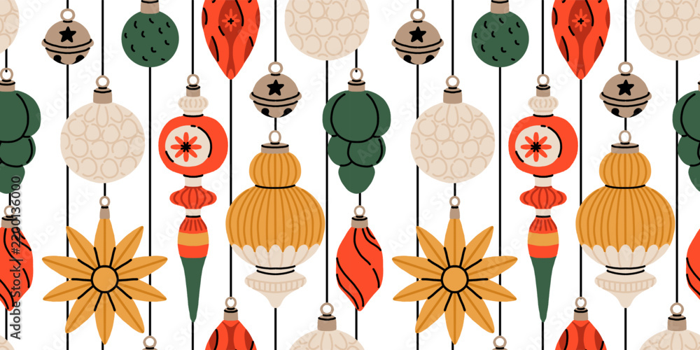 Obraz premium Christmas ornament seamless pattern with hanging baubles, bells, star and icicle decorations. Flat cartoon hand drawn vector illustration.