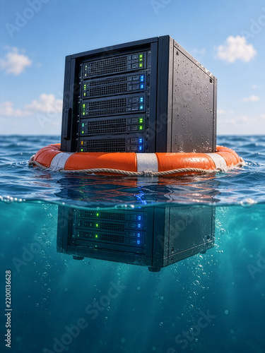 Plakat Computer Server Rack Floating on Water With Life Ring