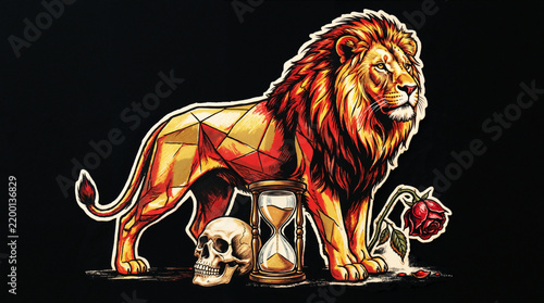 Stylized lion with hourglass and skull, representing time and life on black background