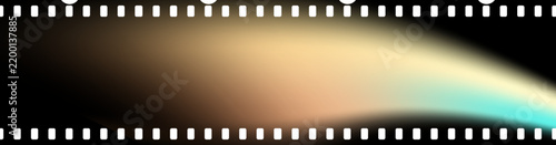 Gold film light leak vector background illustration with warm golden burn and cyan light streak on 35mm film strip frame for analog photo filter and vintage cinema poster