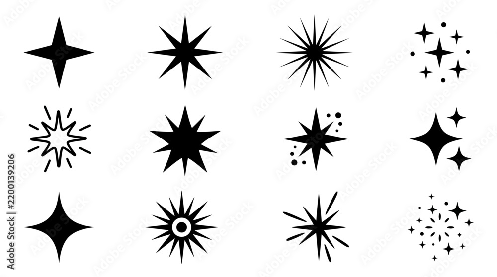 Obraz premium Black Sparkle and Star Icon Set for Graphic Design