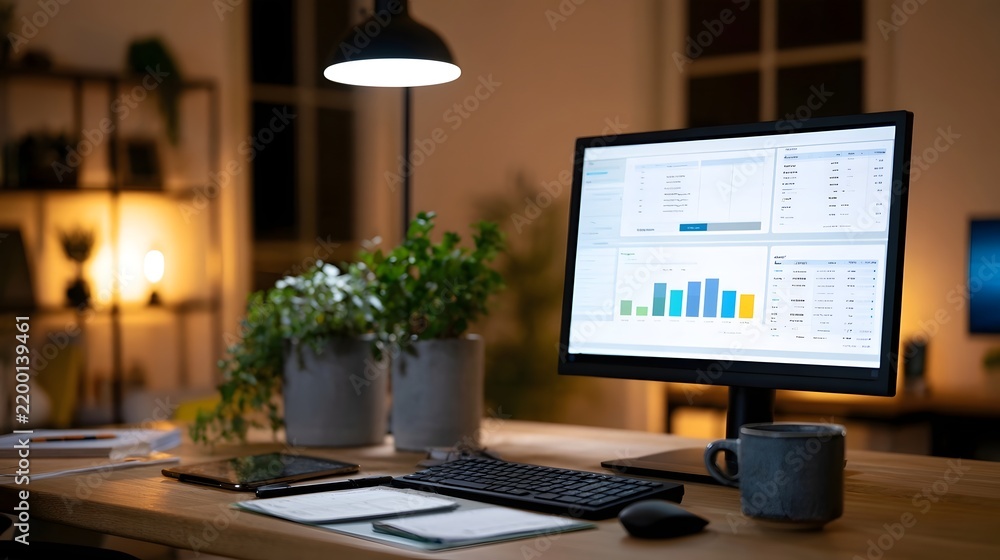 Fototapeta premium Modern workspace with computer monitor displaying business analytics dashboard desk lamp potted plants and coffee mug