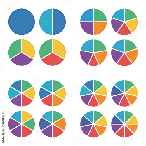 Set of flat vector pie chart diagrams and circular infographics for business data visualization, financial reporting, and statistical analysis with segmented percentage breakdowns and colorful icons.