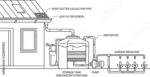 Greywater recycling system diagram illustrating rainwater harvesting and garden irrigation setup