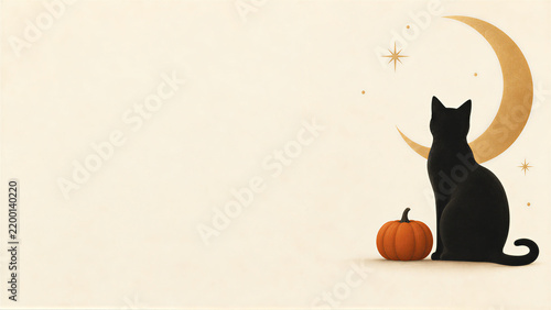 Black cat sitting next to a pumpkin under a crescent moon and stars, autumn Halloween concept with copy space