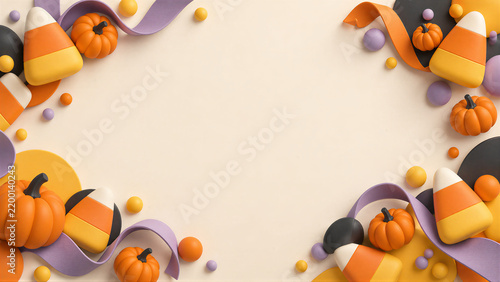 Halloween composition with 3D candy corn, pumpkins, and colorful ribbons on a neutral background with copy space