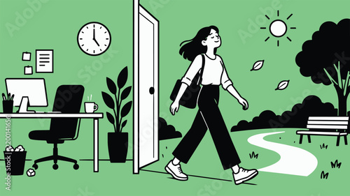 Illustration of an exhausted office worker leaving a workplace for a peaceful outdoor walk, symbolizing workplace burnout and the need for work-life balance.