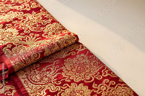 Red and Gold Chinese Brocade Fabric, Luxury Oriental Silk Textile Background, Ornate Embroidered Cloth Landscape with Copy Space