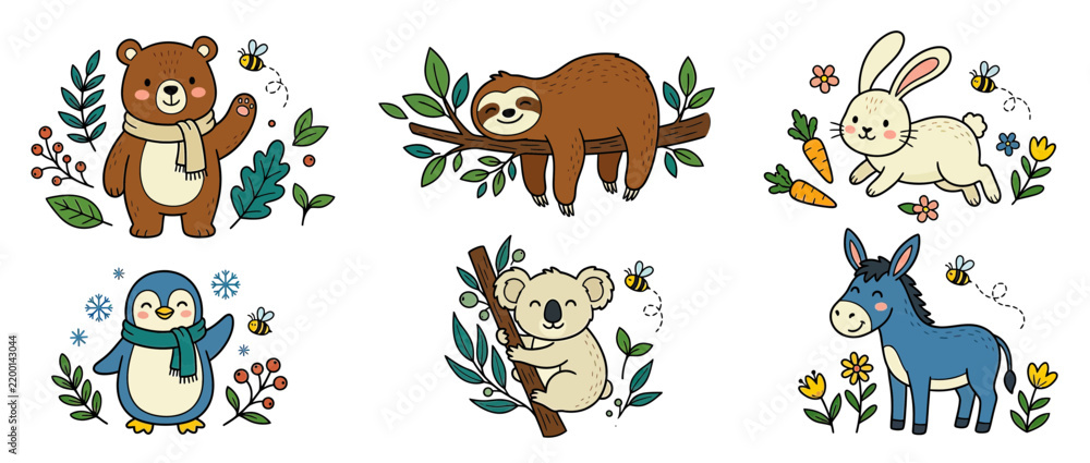 Obraz premium Cute cartoon animals with nature elements, isolated