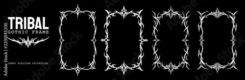 Collection of tribal gothic frames with Y2K neo tattoo borders and sharp thorn elements for dark poster templates and game interface design