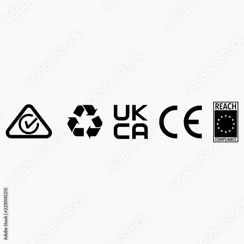 RCM, Recycle, UKCA, CE and REACH Product Certification Icon Set