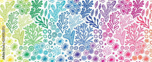 Rainbow coral reef seamless pattern with colorful marine plants