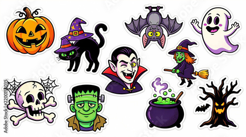 Retro Vintage Halloween Sticker Pack with Die-Cut Borders Vector Set
