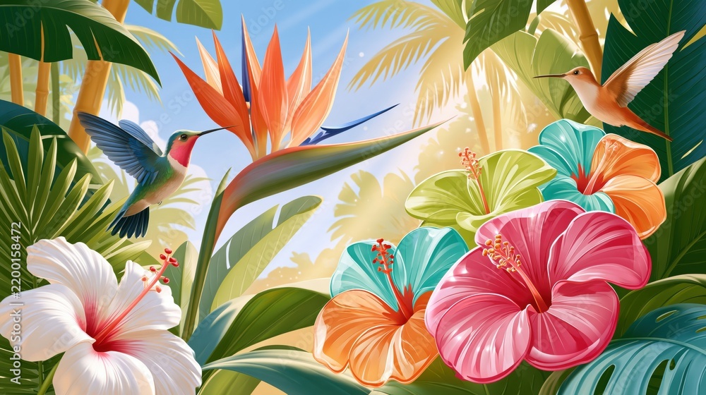 Obraz premium Vibrant tropical jungle scene with hummingbirds, hibiscus flowers, and bird of paradise under bright sunlight