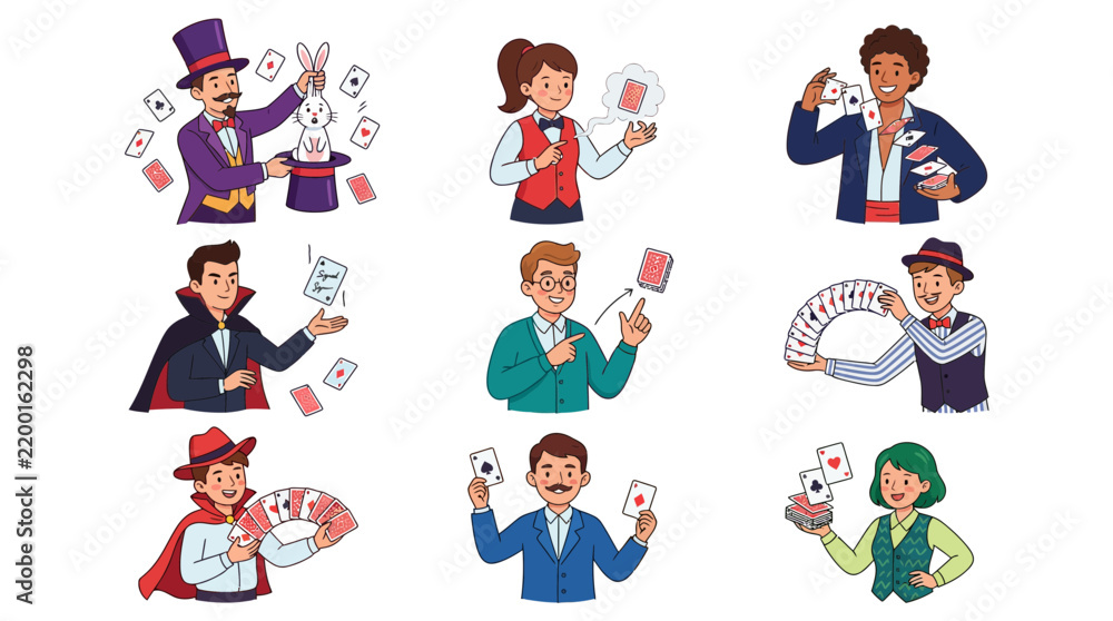 Fototapeta premium Set of diverse cartoon magicians and illusionists performing card tricks and pulling a rabbit from a hat