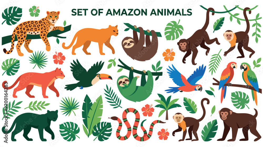Fototapeta premium Set of amazon animals like leopard jaguar and toucan with tropical plants and flowers.