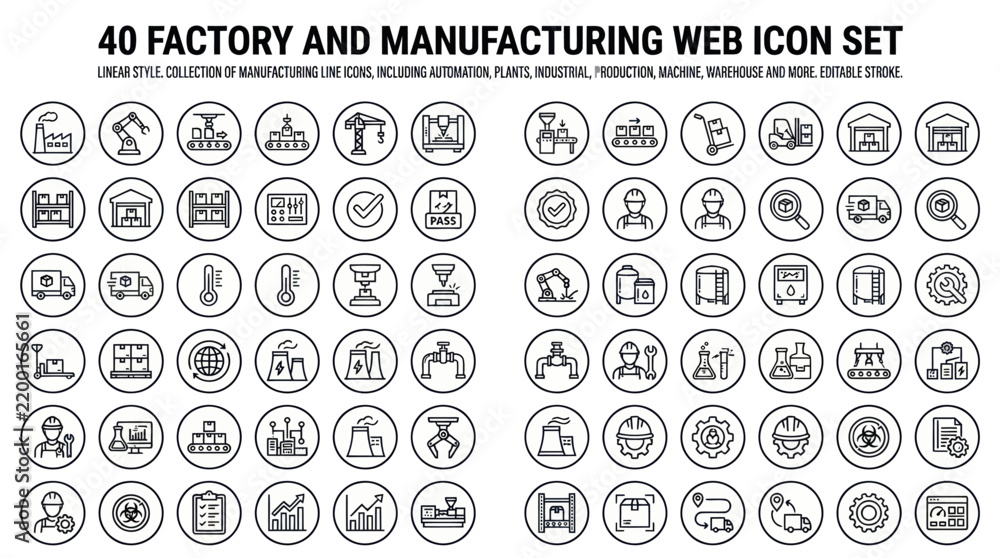 Fototapeta premium Versatile Collection of 40 Outline Industrial and Manufacturing Icons for Web Design and Modern Business Graphics