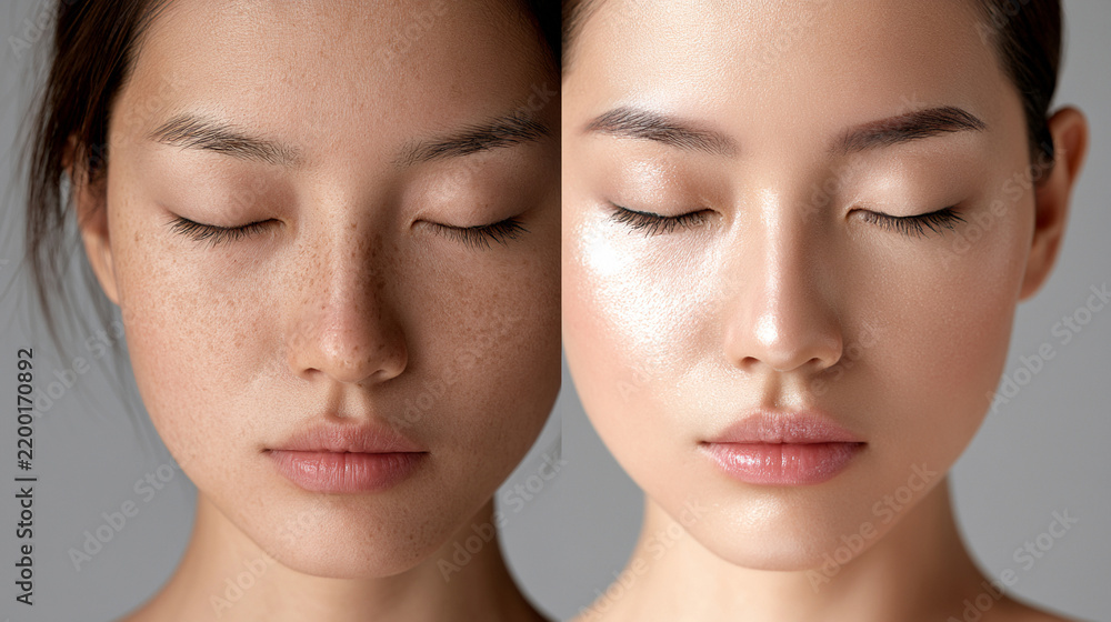 Fototapeta premium Comparison of natural skin texture and enhanced skin appearance in studio lighting