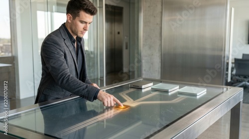 Business professional approving workflow at a glowing control point on a glass table in a modern office