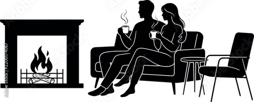 Cozy couple sitting together on sofa drinking warm beverages near a crackling fireplace indoor scene