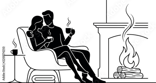 Cozy couple sitting together in an armchair near a warm fireplace drinking hot beverages