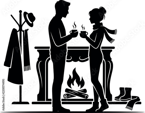 Black and white silhouette illustration of a romantic couple drinking coffee by a warm fireplace