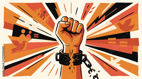 Bold editorial-style illustration symbolizing freedom, dignity, equality and human rights through a raised fist emerging from a broken restraint