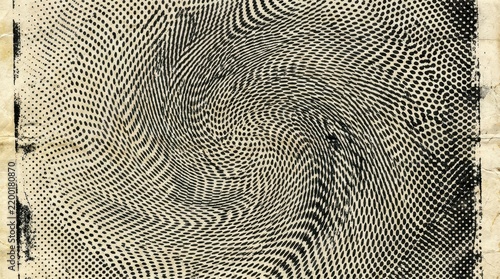 Vintage halftone swirl pattern on aged paper texture, retro optical illusion background with distressed ink effects, grunge hypnotic spiral design for artistic posters and print media