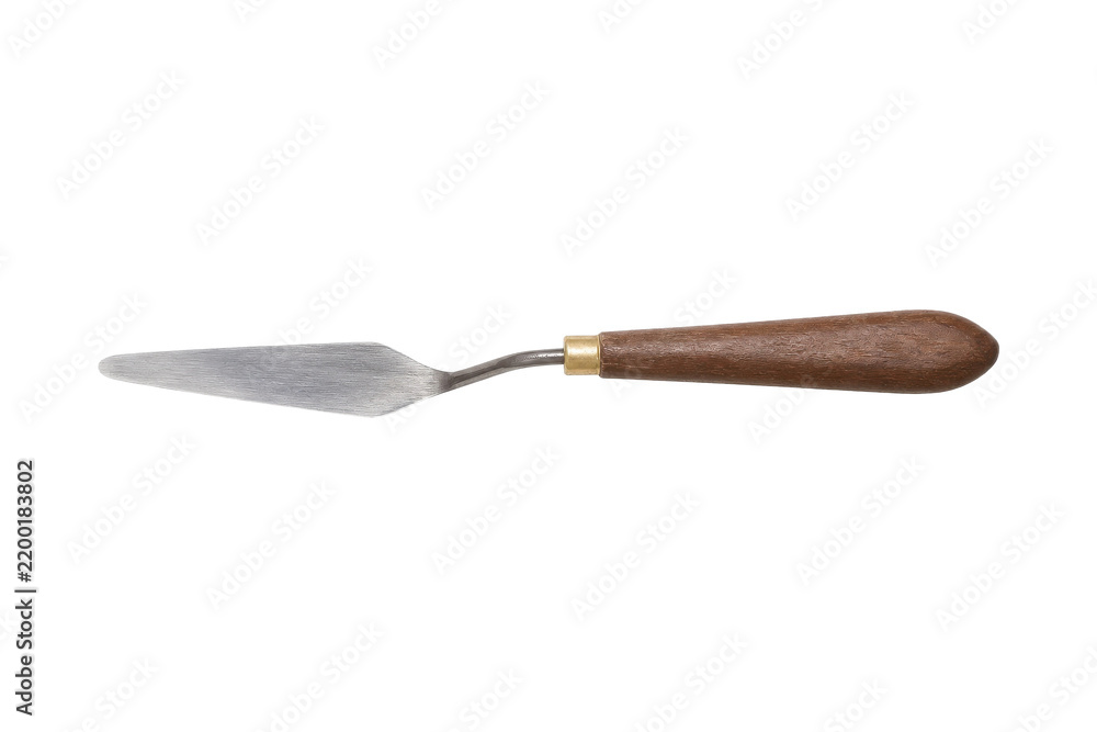Fototapeta premium Small, new, clean metal palette knife with a wooden handle is isolated on a pure white background