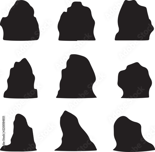 Black silhouette rock mountain formations set of vector stones and boulder elements nature icons