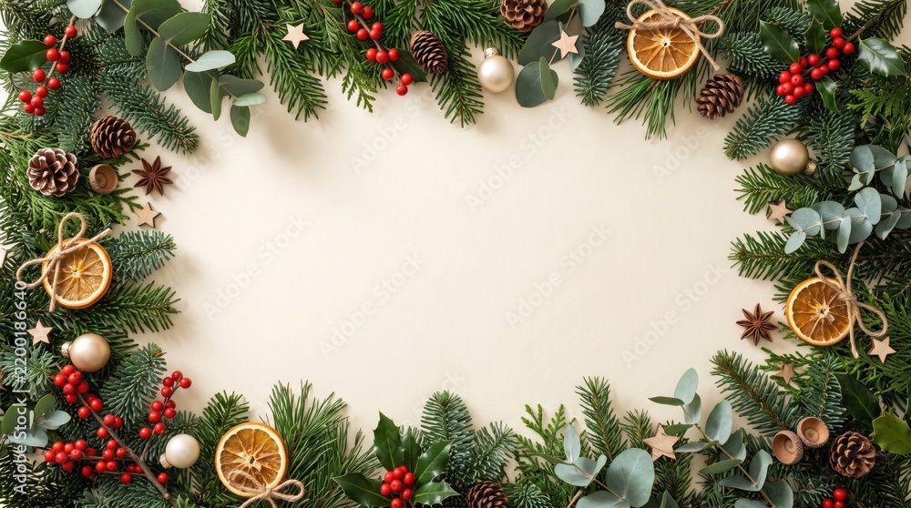 Fototapeta premium Christmas wreath with fir branches pine cones dried orange slices berries and ornaments for festive decoration.