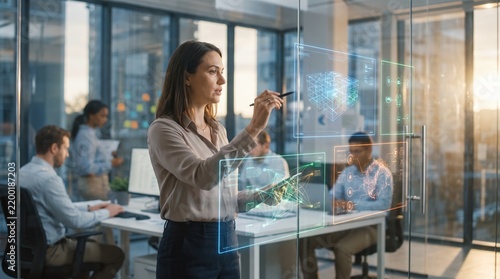 Professional female risk analyst reviewing predictive artificial intelligence risk models and simulations on futuristic holographic glass screens in a modern corporate office   