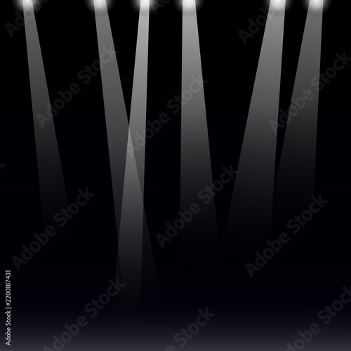 White stage spotlights illuminating empty dark space in high contrast illustration