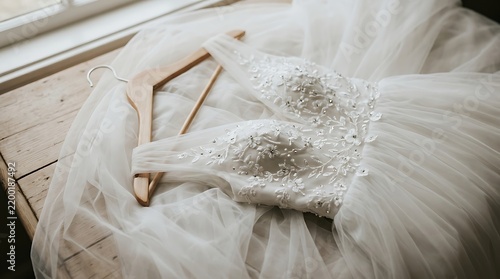 Elegant white bridal wedding dress hanging on a wooden hanger on a rustic table