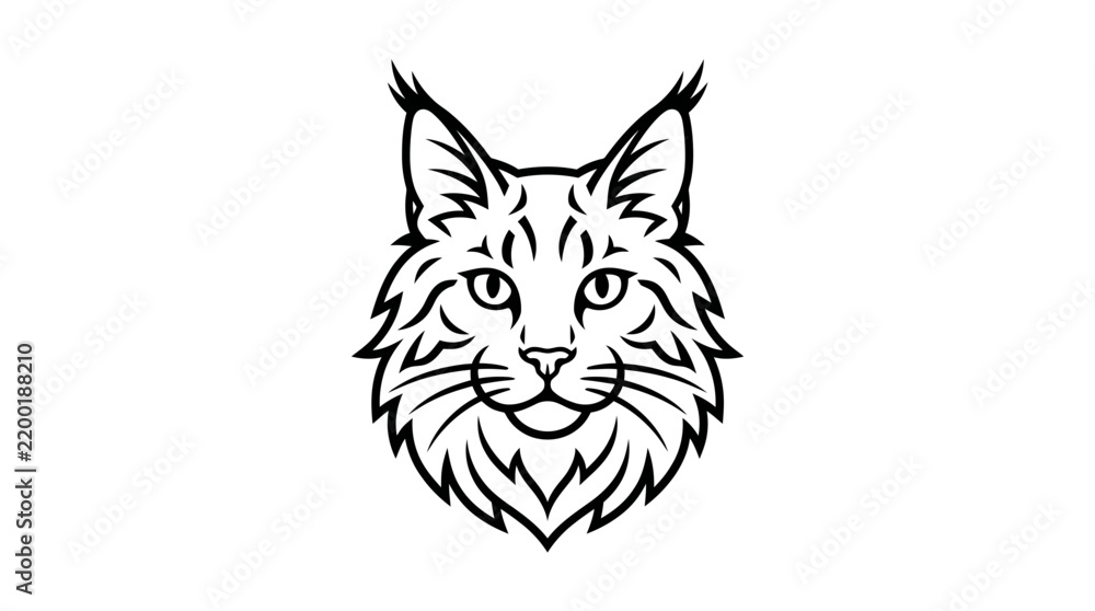 Fototapeta premium Black and white line art illustration of a lynx head, facing forward, with detailed fur and characteristic ear tufts.