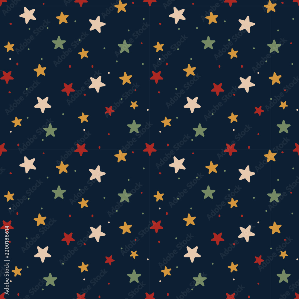 Fototapeta premium Hand Drawn Colorful Stars. Seamless Pattern on Dark Blue Background for Festive Packaging Design