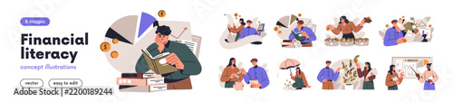 Money and financial literacy concepts. Persons and budget plan, expenses, finance calculating, family economy, spend and save money. Financial literacy and education. Flat vector illustrations