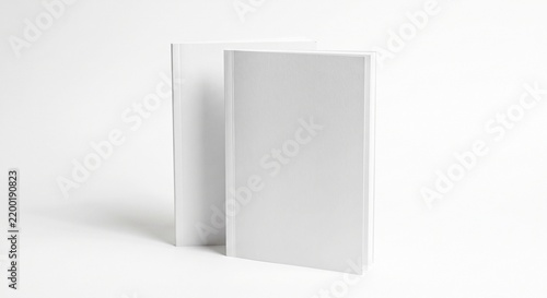Two vertical blank white softcover brochures standing upright on a minimalist white studio background with soft shadows.