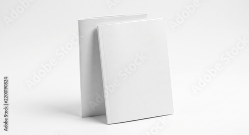 Two vertical blank white matte brochure mockups standing upright against a clean studio background with soft realistic shadows.